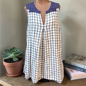 Madewell Cream and Blue Checked Sleeveless Mini Dress with Embroidered Yoke
